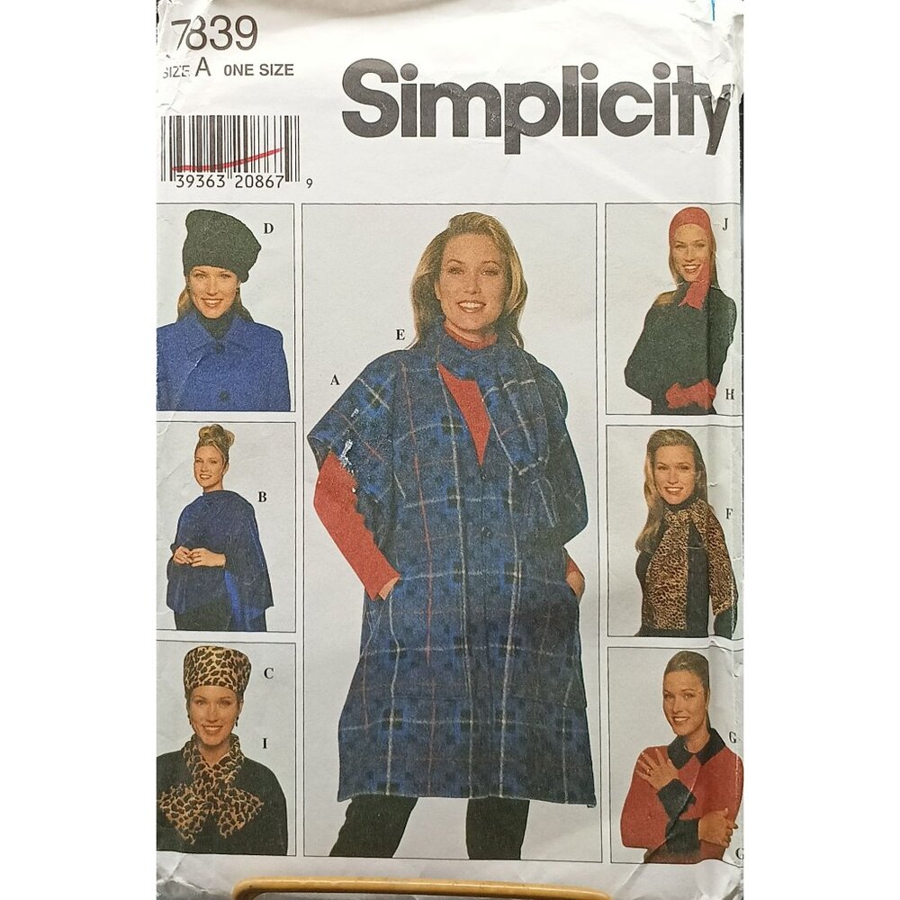 Simplicity 7839 Misses Accessories Sewing Pattern Poncho Scarf Hat A One Size